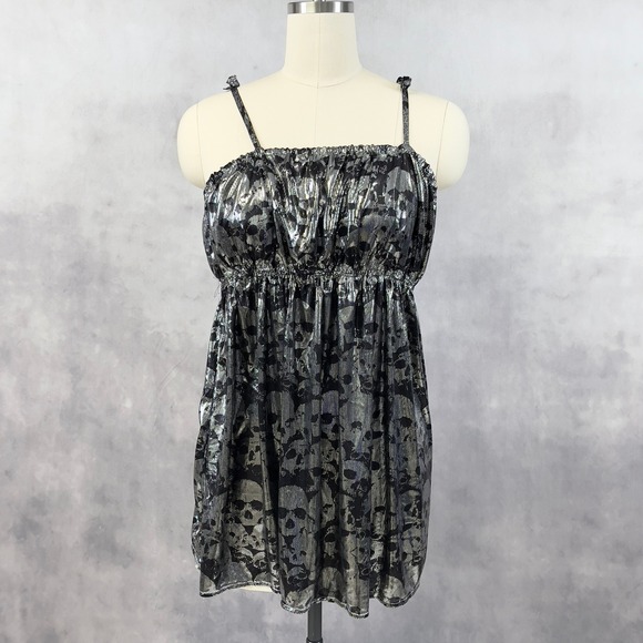 Skull Print Womens Top Medium Metallic Goth Punk Alt Club Emo Y2K Party - Picture 1 of 11